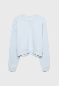 Sweat-shirt cropped bleu clair avec un col rond, des manches longues et des poignets côtelés. Texture lisse et design décontracté.