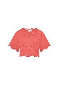Koraalkleurige cropped blouse met korte, uitlopende mouwen, voorzien van eyelet uitsparingen, een geschulpte zoom en een ronde hals met een kleine knoopsluiting.
