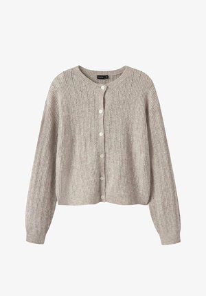 Hellbeige gestrickte Strickjacke mit langen Ärmeln, rundem Ausschnitt und fünf weißen Knöpfen vorne.