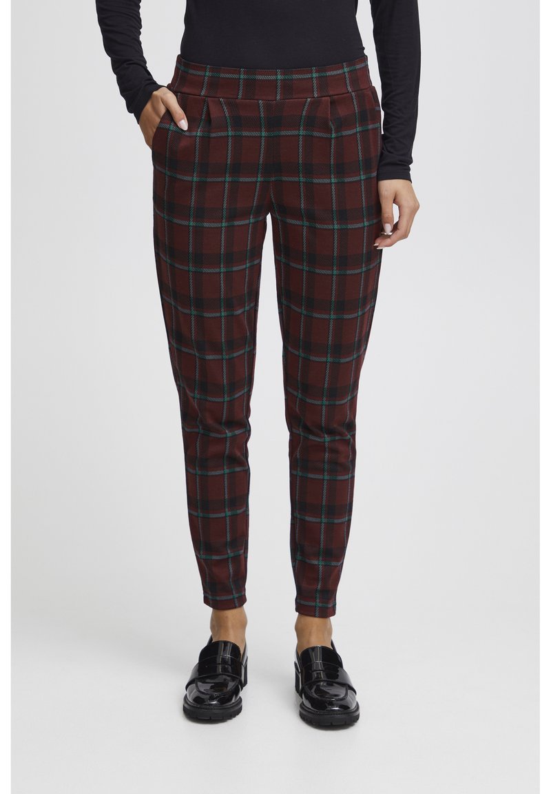 Pantaloni check in bordeaux, verde e nero, con tasche laterali, una vestibilità su misura e una texture di tessuto liscia.