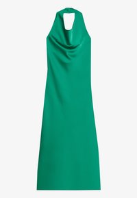 Grön halterneck-klänning i mjukt tyg, med en draperad front och en nyckelhålsöppning bak, med en rak, golvlång silhuett.