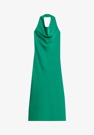 Green halter neck dress made of smooth fabric, featuring a draped front and a keyhole opening at the back, with a straight, floor-length cut.