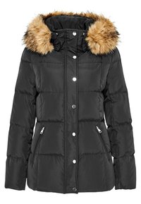 Veste doudoune noire avec une capuche en fausse fourrure amovible, design matelassé, deux poches latérales zippées et quincaillerie en métal argenté.