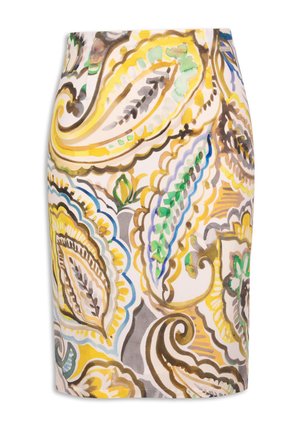 Korte blyantskørt med et flerfarvet paisley-mønster, der indeholder gule, grønne, brune og blå nuancer på en lys baggrund.