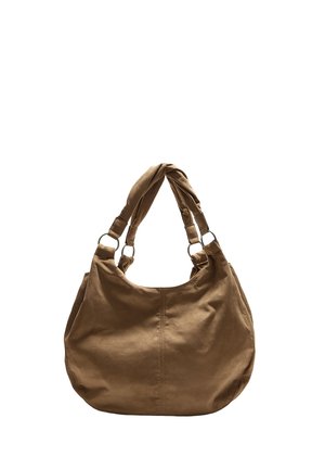 Sac hobo en tissu marron avec une texture douce, deux poignées torsadées et des accents métalliques. Il présente une forme arrondie et une couture centrale.