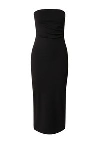 Schwarzes trägerloses Midikleid mit gerafftem Oberteil, glatter Stoffstruktur, taillierter Silhouette und geradem Saum. Keine sichtbaren Verschlüsse.