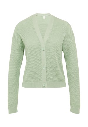 Helle grüne Strickjacke mit V-Ausschnitt, langen Ärmeln und fünf Knöpfen vorne. Strukturierter Stoff und gerippte Bündchen am Saum.
