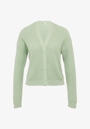 Helle grüne Strickjacke mit V-Ausschnitt, langen Ärmeln und fünf Knöpfen vorne. Strukturierter Stoff und gerippte Bündchen am Saum.