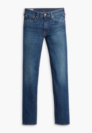 Blue denim jeans with a straight-leg design, five pockets, light whiskering, and contrasting stitching. Features a button and zipper fly.