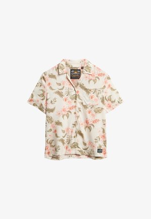 Korte mouwen overhemd met knopen, beige basis, bruine en roze bloemmotieven, een borstzak en een kraag.