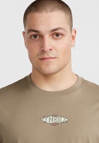 Oliven grøn bomulds t-shirt med et skærmtrykt O'Neill-logo i off-white og rød. Korte ærmer og rund halsudskæring. Glat tekstur.