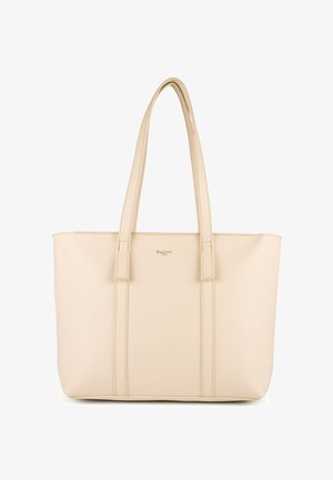 Beżowa torba typu tote wykonana z materiału o fakturze, z dwoma długimi uchwytami, pionowymi przeszyciami i prostym, nieozdobionym designem.