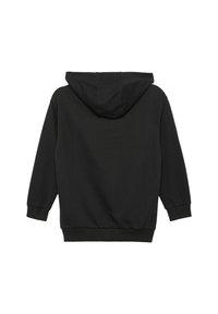 Felpa nera con cappuccio realizzata in tessuto morbido, dotata di un ampio cappuccio, maniche lunghe e polsini a costine. Design semplice senza ulteriori motivi o dettagli.