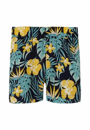 Costume da bagno da uomo in blu navy, con stampa floreale tropicale di ibisco giallo e foglie verdi, con vita elastica.