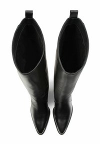 Knee-high black leather boots with pointed toes, sleek design, textured interior, and pull tabs on the back for easy wear.