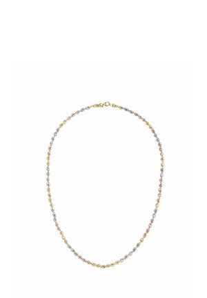 Metallkette mit miteinander verbundenen Abschnitten aus Gold, Silber und Roségold, mit einer polierten Oberfläche und einem sicheren Verschluss.