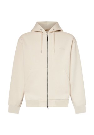 Beiger Kapuzenpullover mit durchgehendem Reißverschluss, Kordelzugkapuze, langen Ärmeln, Fronttaschen und dezentem "Oakley"-Logo auf der linken Brust.