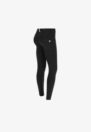 Sorte leggings med høj talje, glat tekstur og en baglomme med et diskret logoaccent. Fixeret pasform for et strømlinet udseende.