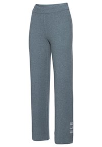 Lichtblauwe sweatpants gemaakt van zachte stof, met een brede tailleband en rechte pijpen. 'ELB' in het wit gedrukt op de onderkant.
