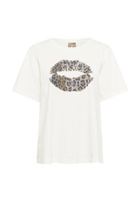 T-shirt blanc à manches courtes avec un design de lèvres léopard en tons beige et bleu, fabriqué en tissu coton doux.