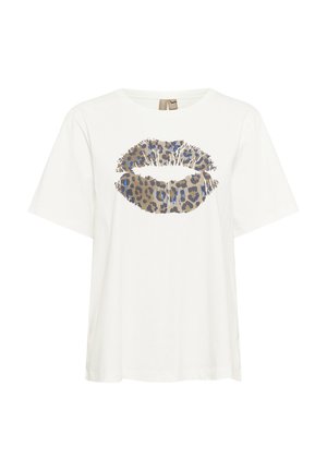 Balta T-kreklu ar īsām piedurknēm, kas rotāta ar leoparda raksta lūpām bēšā un zilā tonī, izgatavota no mīksta kokvilnas auduma.