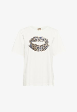 White short-sleeve T-shirt featuring a leopard-print lip design in beige and blue tones, made of soft cotton fabric.