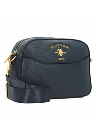 Borsa a tracolla in pelle testurizzata blu navy con emblema dorato della U.S. Polo Assn., chiusura con zip e tracolla regolabile.