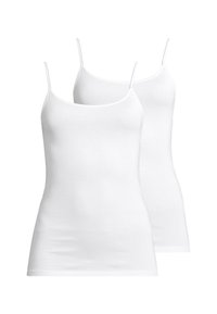 Two white cotton camisoles with thin straps, featuring a fitted design and smooth texture, suitable for layering or casual wear.