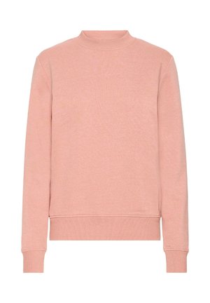Pink, long-sleeve sweatshirt with a high collar, made from soft fabric. Features ribbed cuffs and hem, offering a relaxed fit and texture.