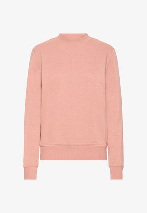 Pink, long-sleeve sweatshirt with a high collar, made from soft fabric. Features ribbed cuffs and hem, offering a relaxed fit and texture.