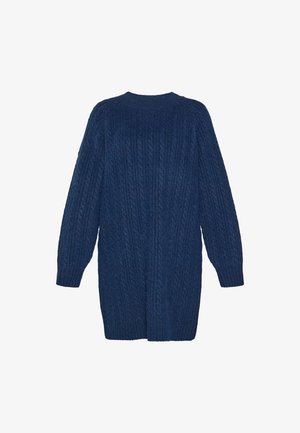 Sötétkék, kötött pulóver hosszú ujjal és laza szabással. Vastag textúrával és bordás nyakkal rendelkezik. Közepes hosszúságú kialakítás, amely rétegezéshez ideális.