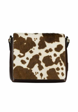 Brown and white cowhide flap handbag with dark brown leather edges and adjustable shoulder strap.