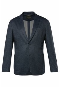 Blazer blu navy realizzato in tessuto texture, caratterizzato da una chiusura a un bottone, due tasche frontali e un design a rever.