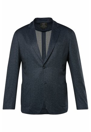 Marineblauer Blazer aus strukturiertem Stoff, mit einer einzelnen Knopfverschlus, zwei Vordertaschen und einem Reversdesign.