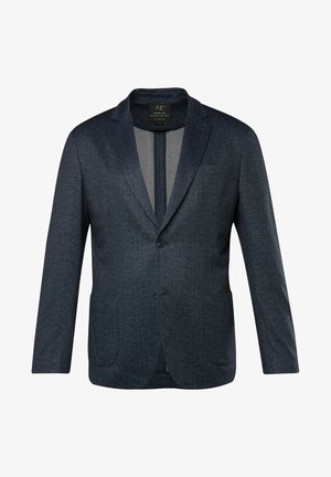 Blazer blu navy realizzato in tessuto texture, caratterizzato da una chiusura a un bottone, due tasche frontali e un design a rever.