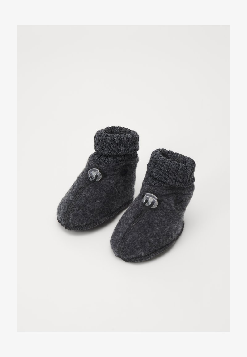 Dark gray felt slippers with a ribbed knit cuff, featuring a button closure and smooth texture. Designed for comfort and warmth.