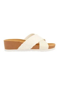 Sandales à glissière blanches avec une tige tissée et une semelle plateforme beige, finition texturée, avec un léger scintillement sur une des lanières. Semelle extérieure blanche plate.
