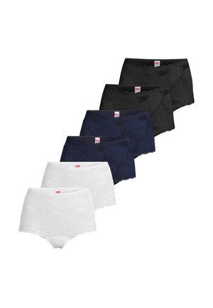 Sześć koronkowych majtek typu hipster dla kobiet w kolorach białym, granatowym i czarnym, ułożonych w przesuniętym rzędzie na białym tle.