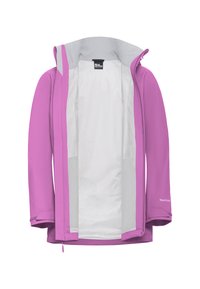 Roze waterdichte jas met een grijze kraag, ritssluiting aan de voorkant en een mesh voering aan de binnenkant. Kenmerken zijn onder andere lange mouwen en het merklogo op de mouw.