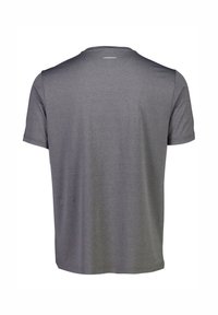 Grå kortærmet t-shirt med en tekstureret stof, en rund hals og et diskret logo på bagsiden nær kraven.