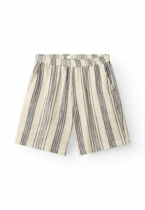 Beige Shorts mit vertikalen schwarzen Streifen, elastischem Bund, Seitentaschen und einem kleinen weißen Etikett in der Mitte vorne.
