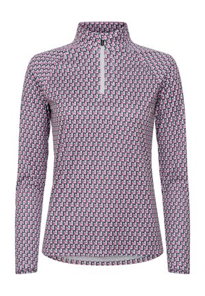 Long-sleeve pullover with a zip mock neck, featuring a geometric pattern in pink, black, and white. Made from a smooth, stretchy fabric.
