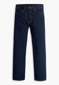 Mörkblå raka denimjeans med fem fickor och orange sömmar som ligger platt på en vit bakgrund.