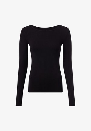 Czarny top z długim rękawem wykonany z prążkowanej tkaniny, z szerokim, zaokrąglonym dekoltem. Dopasowany krój i gładka faktura. Brak wzorów lub akcentów.