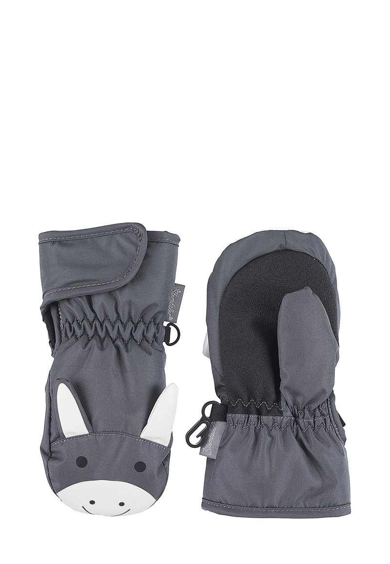 Graue Fäustlinge aus weichem Stoff mit einem Design in Form eines Eselgesichts, verspielten Ohren, elastischen Bündchen und einer schwarzen Innenseite für zusätzliche Wärme.