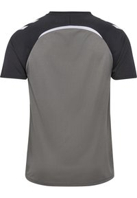 Korte mouwen sporttrui in grijs en zwart, gemaakt van ademend materiaal. Kenmerkt zich door contrasterende stiksels en een gebogen schouderlijn.
