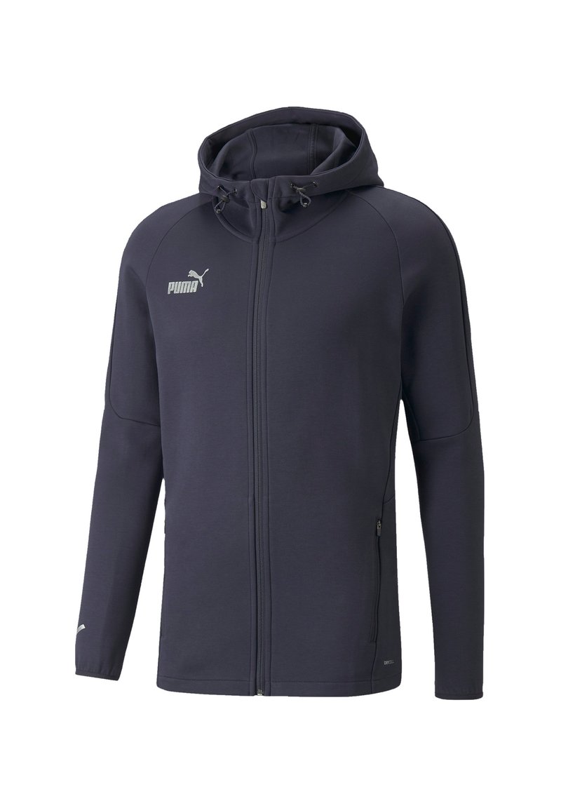 Felpa zip-up blu navy realizzata in tessuto morbido, con cappuccio regolabile, tasche laterali e logo Puma argentato sul petto.