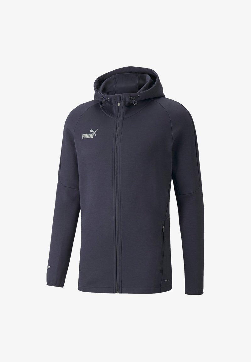 Felpa zip-up blu navy realizzata in tessuto morbido, con cappuccio regolabile, tasche laterali e logo Puma argentato sul petto.