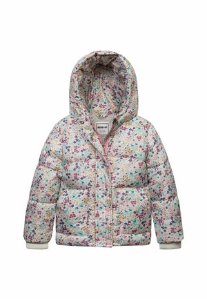 Børne-dunjakke med hætte og pastel flerfarvet blomsterprint, lynlås foran, trykknapper og ribkant ved ærmerne.