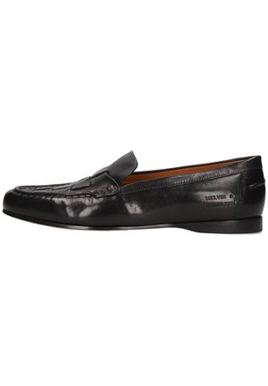 Mocassin en cuir noir avec une finition lisse, un design brodé décoratif sur le bout et un talon bas. Logo embossé sur le côté.